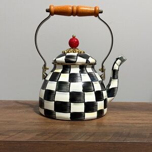 MacKenzie-Childs Black and White Checkered Teapot with Red Accent